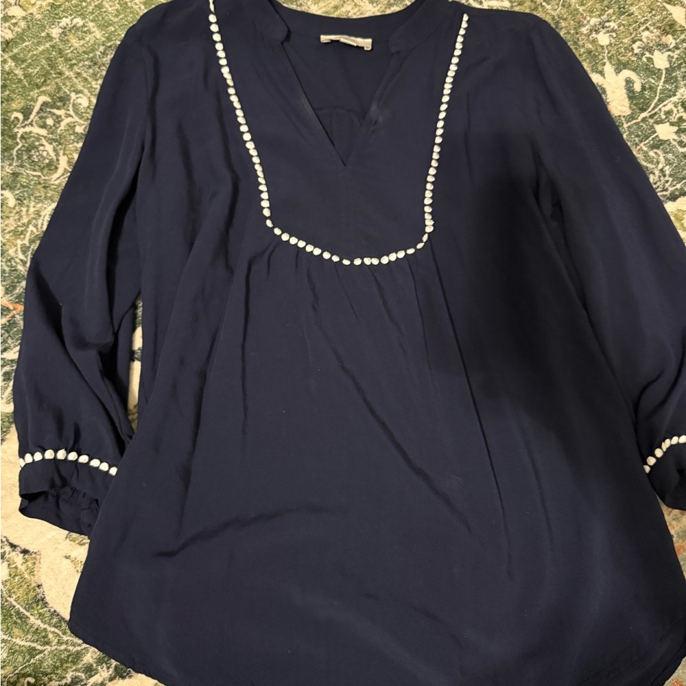 LOFT Navy Blouse with White Trim